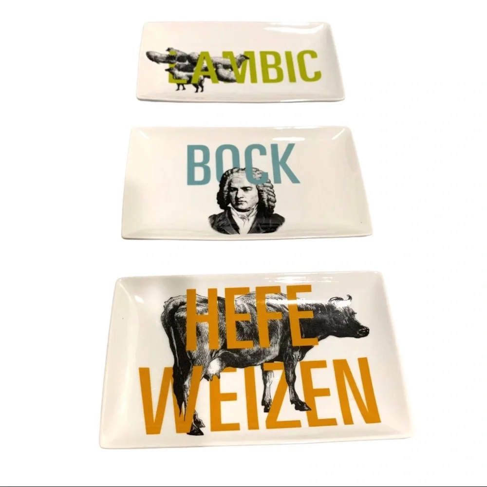 Crate&Barrel Set of 3 Beer Rectangle Plates Bock/Hefeweizen/ Lambic